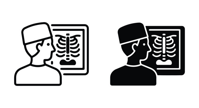Radiologist doctor looking at chest xray scan, medical diagnostic concept, vector icon set