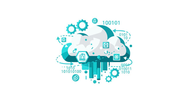 Modern Cloud Computing and Data Processing Illustration with Binary Code and Networking Icons in Teal Flat Design