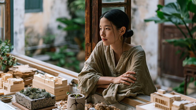 Architectural model maker pausing her work at an open studio window in April to watch rain hit a courtyard below, the studio scattered with balsa wood scraps and scale model