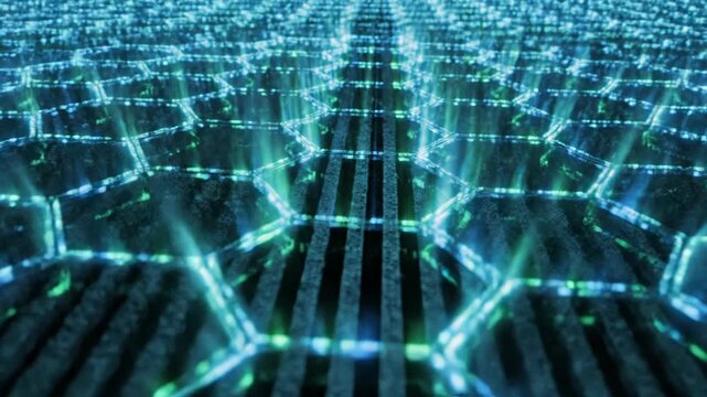 Blue glowing hexagonal grid pattern on dark digital background