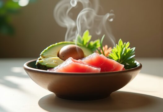 Minimalist Ceramic Bowl Featuring Fresh Tuna and Avocado Arrangement Surrounded by Subtle Organic Elements