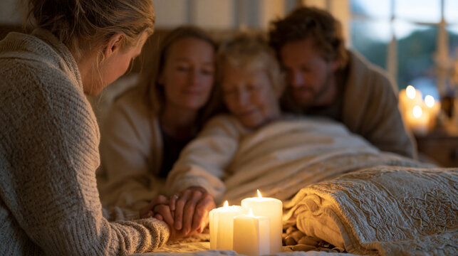 Hospice end of life doula accompanying a family during a final bedside gathering, candlelight casting a warm glow across the faces of adult siblings holding hands around an