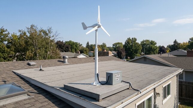 Small rooftop wind turbine spins above cityscape, blades harnessing renewable energy, metal frame and generator highlight innovation, sustainable power in compact urban environment.