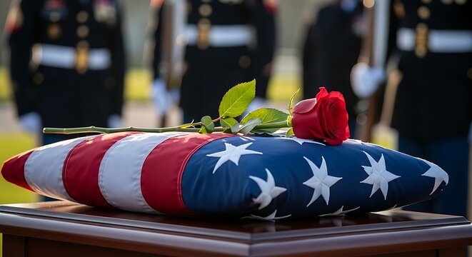 American flag draped coffin with red rose on wooden table at military funeral ceremony