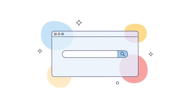 Simple web browser window illustration with a central search bar and colorful abstract decorative circles for internet navigation.