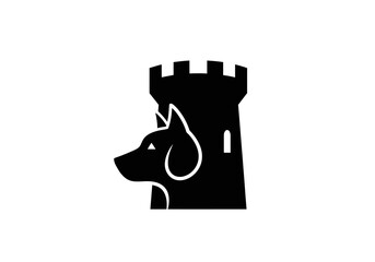 Minimalist black dog head and castle tower silhouette logo © joko