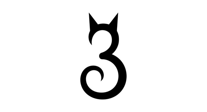 Minimalist black cat logo combined with number three silhouette
