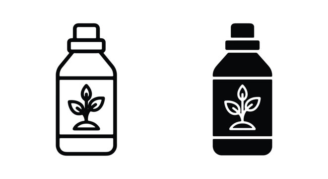 Set of organic fertilizer bottle icons, outline and solid style
