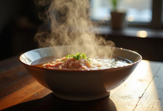 Steaming Wagyu Beef Bone Broth Porcelain Bowl Cozy Warmth Invoking Comforting Essence