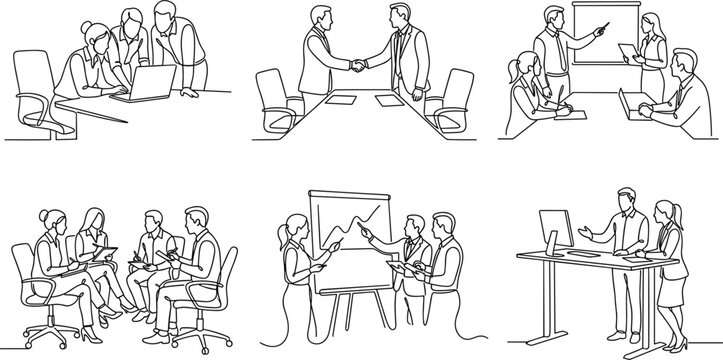 Business Meeting and Teamwork Collection with Corporate Discussions Presentations Negotiations and Collaboration Line Art Vector Illustration Set