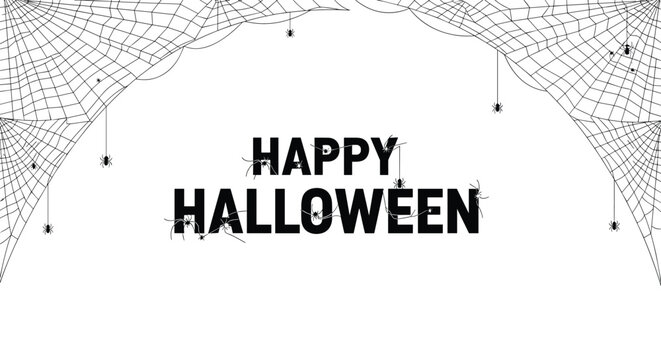 Happy Halloween text framed by intricate spider webs and small spiders hanging on strings against a stark white background for a spooky effect.