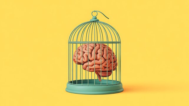 Human brain trapped inside a metal bird cage on yellow