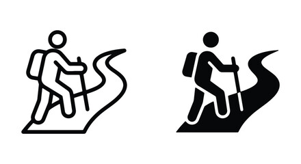 Hiking icon set, person with backpack and trekking pole walking on a winding trail path © PURE VECTOR WORK