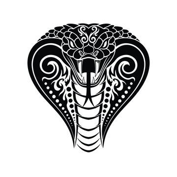 Stylized tribal cobra snake head illustration in black and white.