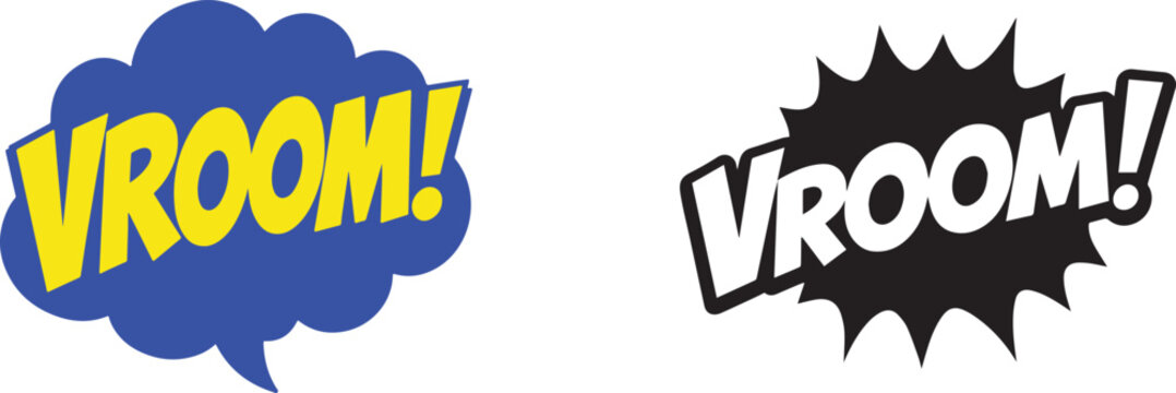 Comic book speech bubble vector design set with vroom sound effect text in blue yellow and black monochrome variations.