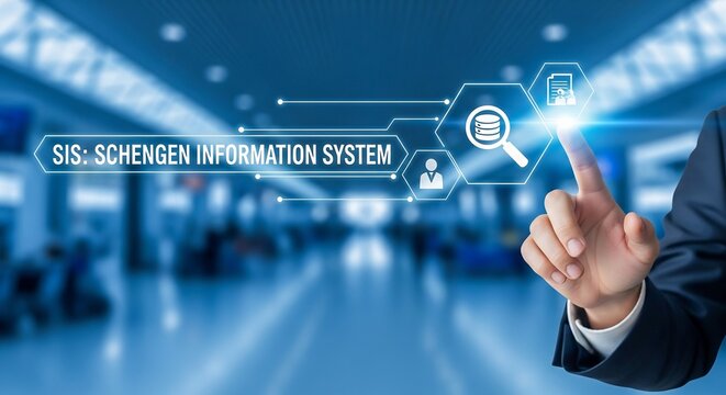 SIS Schengen Information System Security Screen, Businessman Hand at Airport