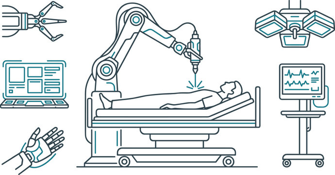 Robotic Surgery and Medical Technology Collection with Surgical Robot Patient Monitoring and Healthcare Innovation Vector Illustration Set
