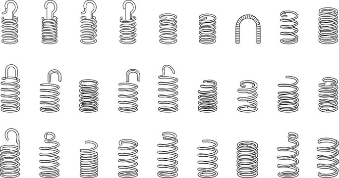 Metal Coil Spring Collection with Compression, Extension, and Torsion Mechanical Components for Engineering, Industrial, and Technical Vector Illustrations