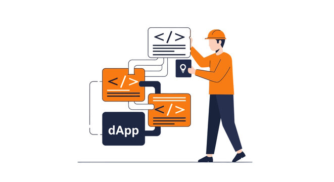 Blockchain Developer Building Decentralized Application dApp Flat Vector Illustration