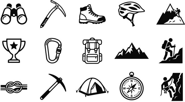 Mountaineering and Hiking Adventure Icon Set with Climbing Gear, Compass, Backpack, Tent, and Mountain Peak Symbols for Outdoor Travel and Camping Web Designs