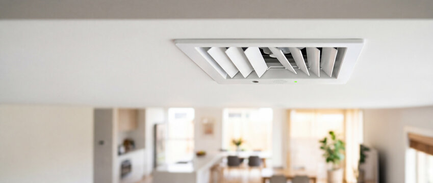 Ceiling air vent and HVAC diffuser over bright modern living room with smart climate control
