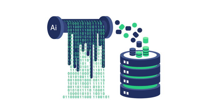 Artificial Intelligence AI Data Processing Illustration with Binary Code and Database Server Storage