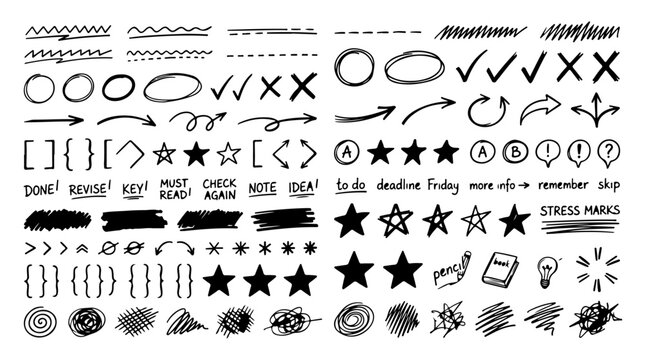 Hand-Drawn Doodle Notes and Planner Elements Set , Black Ink Sketch Arrows, Stars, Circles, Brackets, Underlines and Handwritten Reminder Labels for Journaling, Study Notes, Scrapbook Design