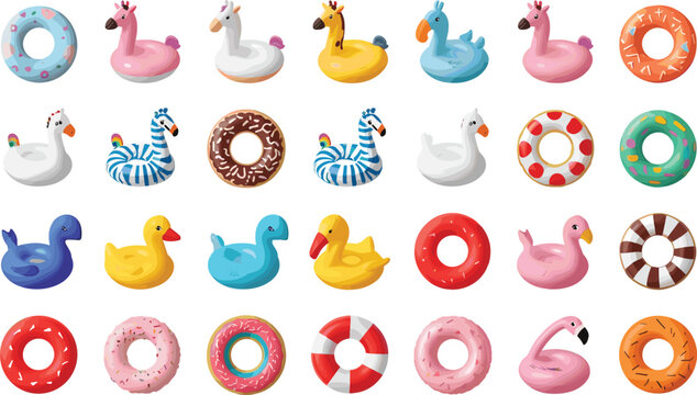 Inflatable Pool Float Collection with Donut Rings, Swan, Flamingo, Unicorn, Duck, and Summer Vacation Water Toy Vector Illustrations