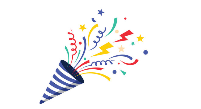 Party popper with colorful confetti stars and streamers exploding for celebration events and birthday party invitation graphics.