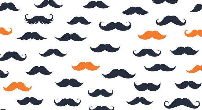 Seamless pattern with various masculine mustache styles in black and orange colors for barbershop and Movember men's health themes.