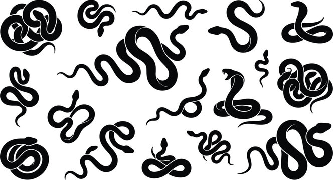 Black Snake Silhouette Vector Icon Set with Slithering Cobra, Coiled Pythons, and Crawling Reptile Symbols for Wildlife, Tattoo, and Mascot Logo Graphic Designs