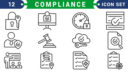 Fototapeta premium compliance icon set. Features policy, audit, ethics, and legal icons for business governance, quality control, and standard procedures. Blue flat style.