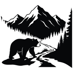 Black bear in forest with river and mountain background vector silhouette illustration. © MDRAYHAN