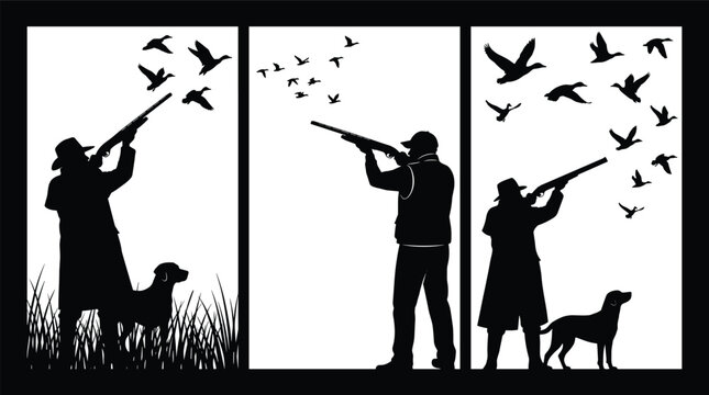 Duck Hunting Silhouette Scene with Hunters Dogs and Flying Birds Outdoor Wildlife Sports Illustration
