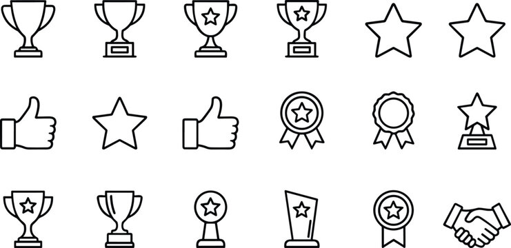Achievement Award Trophy Icon Set Line Art Success Recognition Medal Badge Star Vector Illustration Outlin