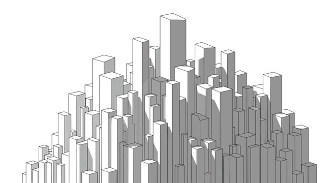 Abstract isometric representation of a dense urban city composed of various tall white blocks and pillars with deep shadows for architectural concepts.