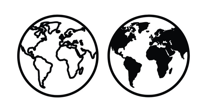 Set of two globe icons showing world map, one with outline style and one with solid black fill style