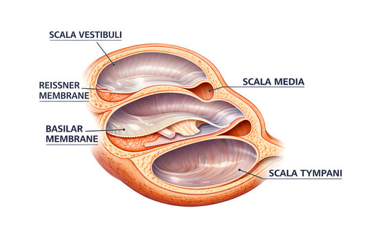 3D cochlea anatomy illustration isolated on white background with labeled auditory structures for medical education, hearing science, and clinical reference.

