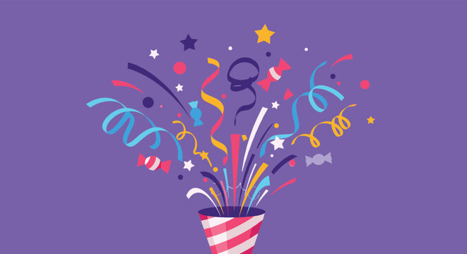 Vibrant celebration illustration of a party popper exploding with colorful confetti stars and curly ribbons on purple.