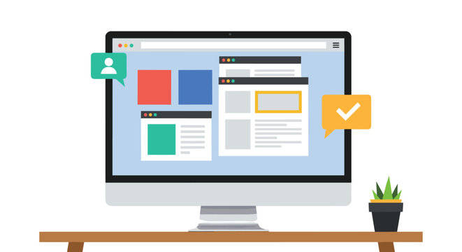 Digital workplace illustration featuring a computer monitor with multiple browser windows and notification icons on a desk.