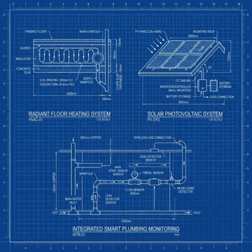 Radiant floor heating and plumbing system technical blueprint drawing
