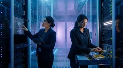 Fototapeta premium Two engineers maintaining servers with cables in data center