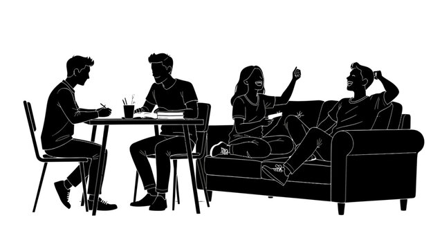Silhouette people socializing, sitting on couch and table, black and white vector illustration, lifestyle and leisure concept