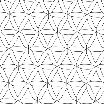 Abstract seamless geometric pattern featuring interconnected triangles and curved petal-like shapes, rendered as black line art on a clean white background