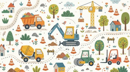 Naklejka premium Cartoon dump trucks, an excavator, mixer, and roller constructing a playful neighborhood