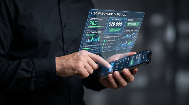 Businessman using a smartphone with a futuristic AI loan approval and credit score holographic dashboard.
