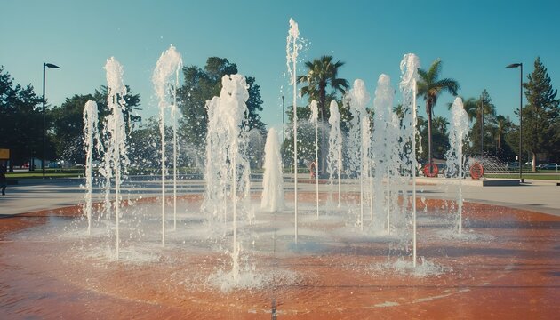 Refreshing Fountain Water Jets Spraying in Urban Park Surrounded by Green Trees and Clear Blue Sky Creating a Peaceful and Vibrant Outdoor Atmosphere Perfect for Relaxation and Leisure