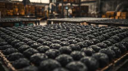 Fototapeta premium Industrial Coconut Shell Charcoal Production And Fuel Processing Concept