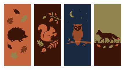 Fototapeta premium Autumn Woodland Creatures Collection: Hedgehog Squirrel Owl and Fox Silhouettes with Leaves