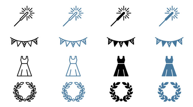 Set of festive graphics: sparkler bunting dress and laurel wreath in outline and solid styles